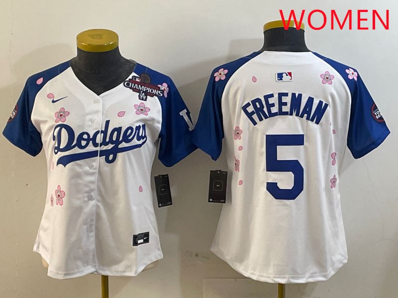 Women Los Angeles Dodgers #5 Freeman White Blue Sakura Edition 2025 Nike MLB Jersey style 2
